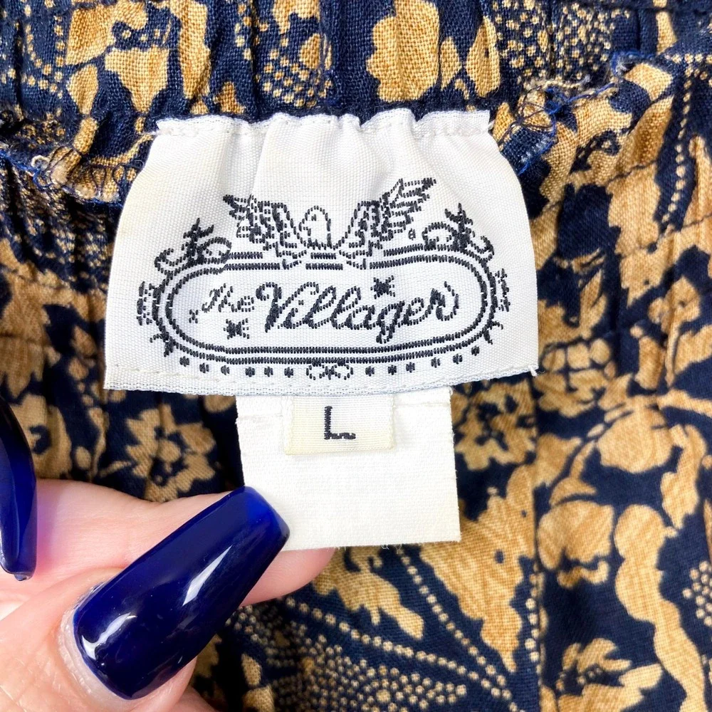 Vintage 90s The Villager Midi Skirt Size L Navy Gold Floral Paisley Cottagecore‎